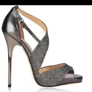 Jimmy Choo Tyne 120 Asymmetrical Glitter Sandal Anthracite lame glitter heel 6.5